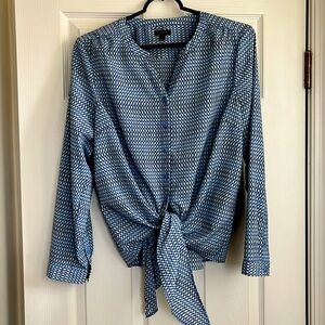 Talbots tie-waist long slv blouse geometric print periwinkle/green/black sz LP